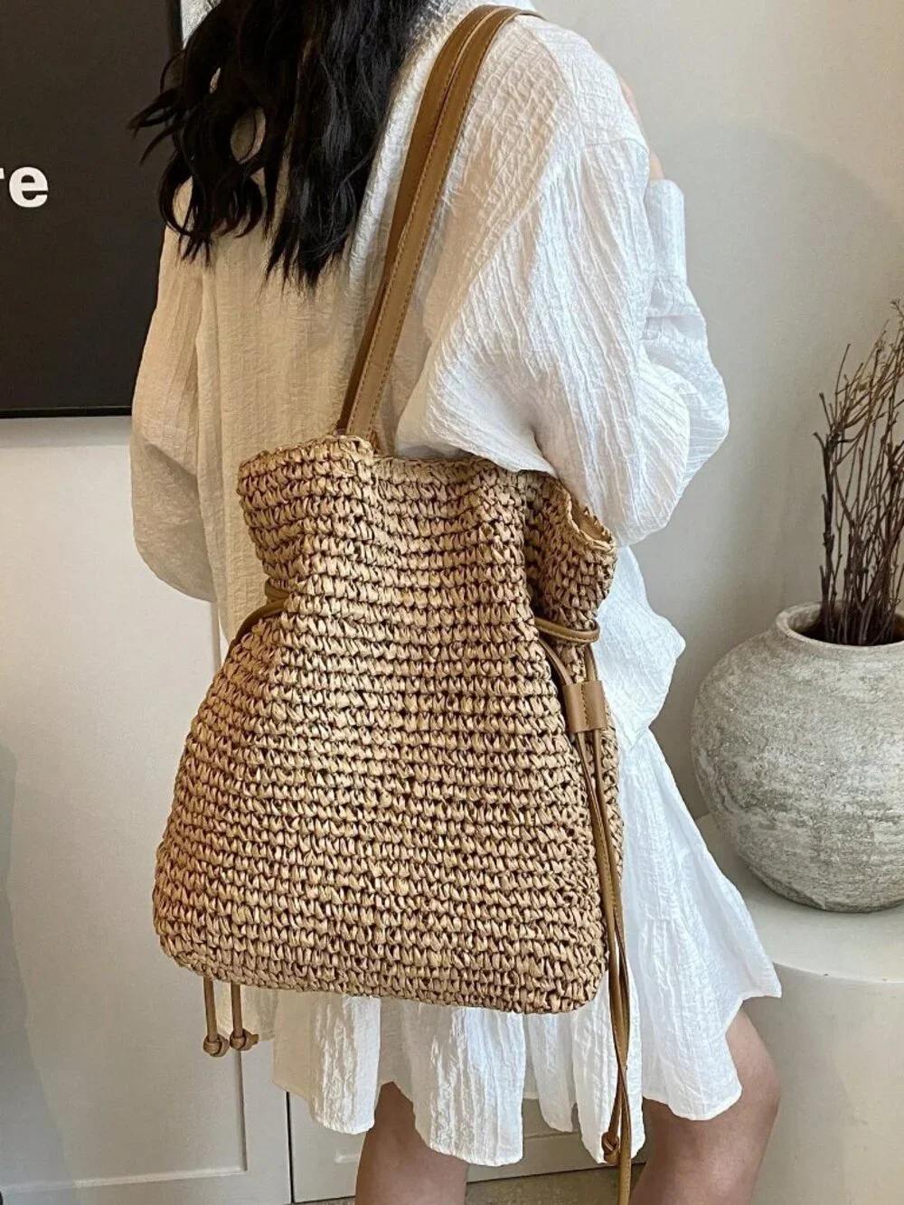Khaki Casual Women's Straw Tote Bag – Large Capacity Holiday Travel Shoulder Bag